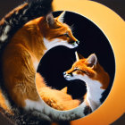 Surreal image: Fox merged with circular orange and black design