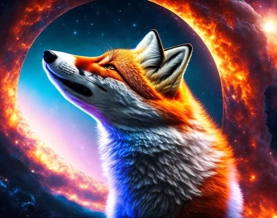 Colorful Fox Illustration Against Cosmic Background