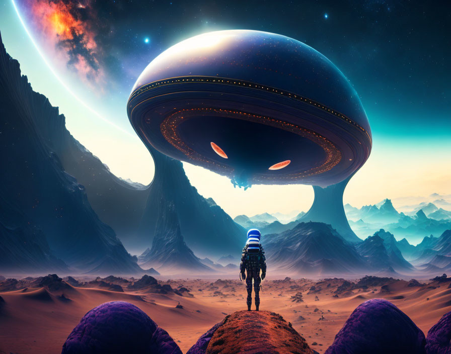 Astronaut on rocky alien terrain gazes at hovering UFO