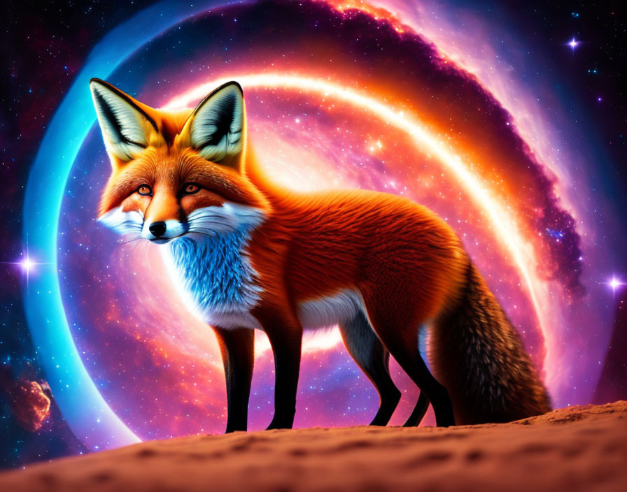 Red fox against colorful cosmic galaxy with stars and nebulae