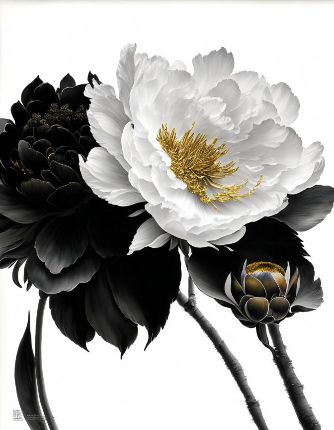 oil painting, black and white large peonies