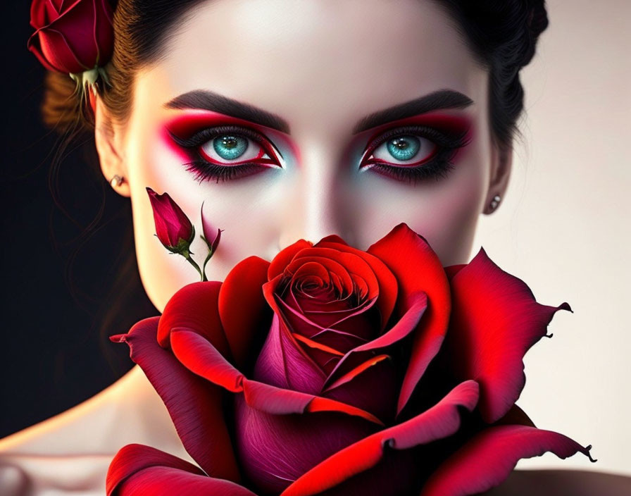 Woman with Red Eyeshadow and Lipstick Holding Red Roses Bouquet