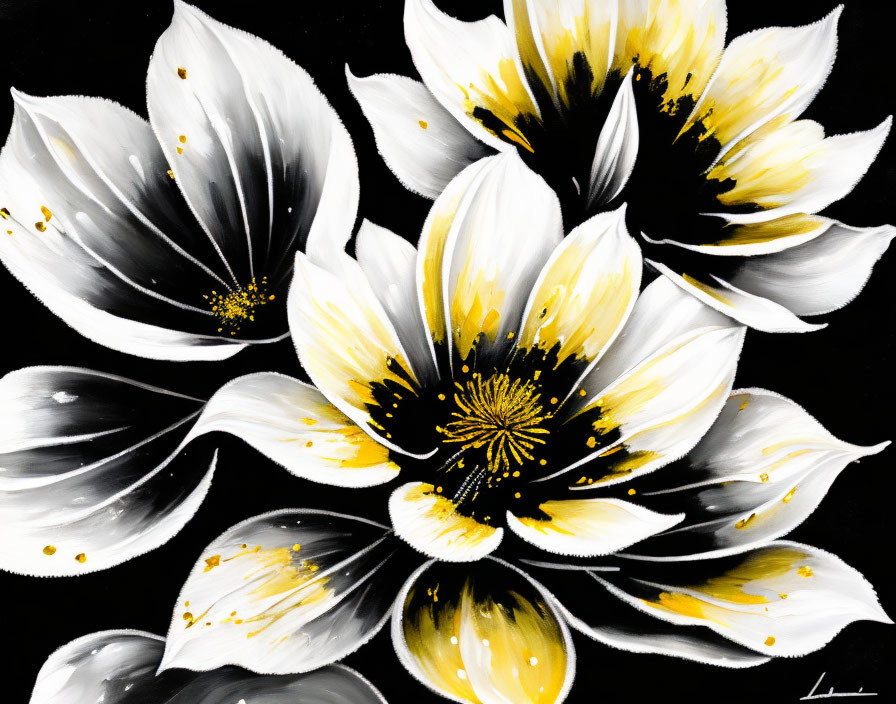 Contrasting black-and-white flowers with yellow accents and golden splatters on dark background
