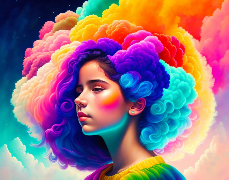 Colorful digital artwork: Young woman with vibrant cloud-like hair on multicolored backdrop