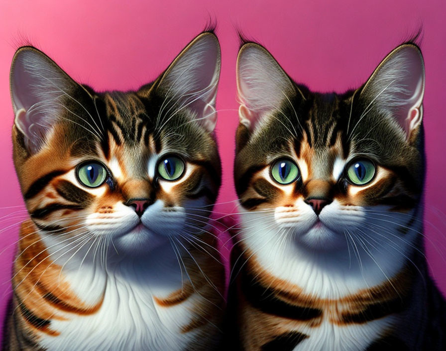 Detailed Stylized Cat Images with Large Expressive Eyes on Pink Background