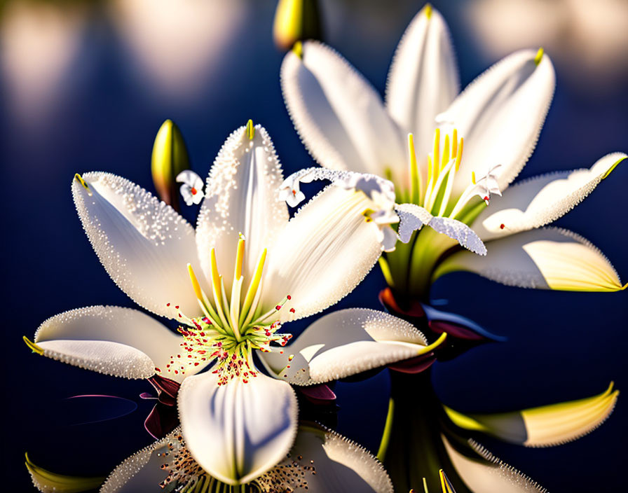 White lilies with yellow stamens reflecting on water surface with dewdrops, against blurred blue background