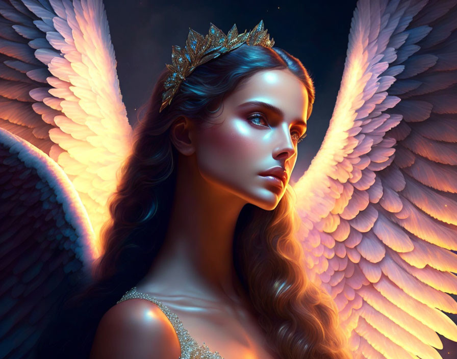 Golden-crowned woman with angelic wings in ethereal light.