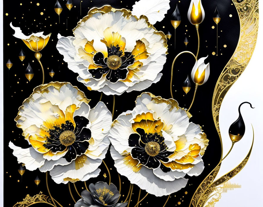 black and white with gold splashes, poppy flowers