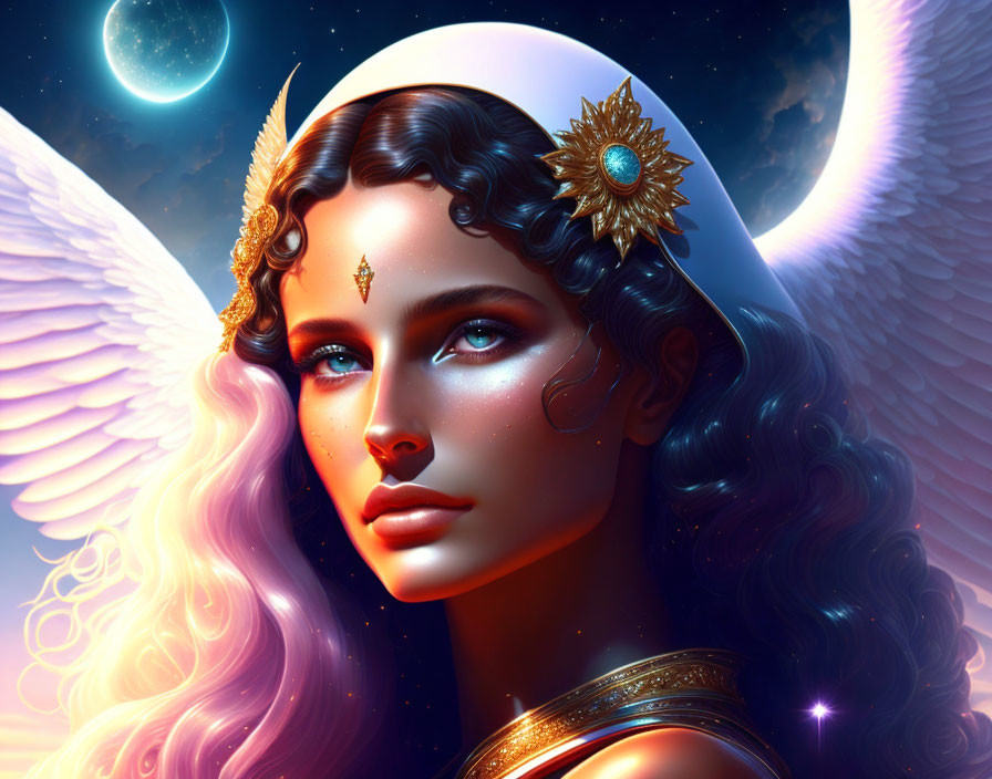 Celestial-themed digital artwork of a woman with ornate headdress