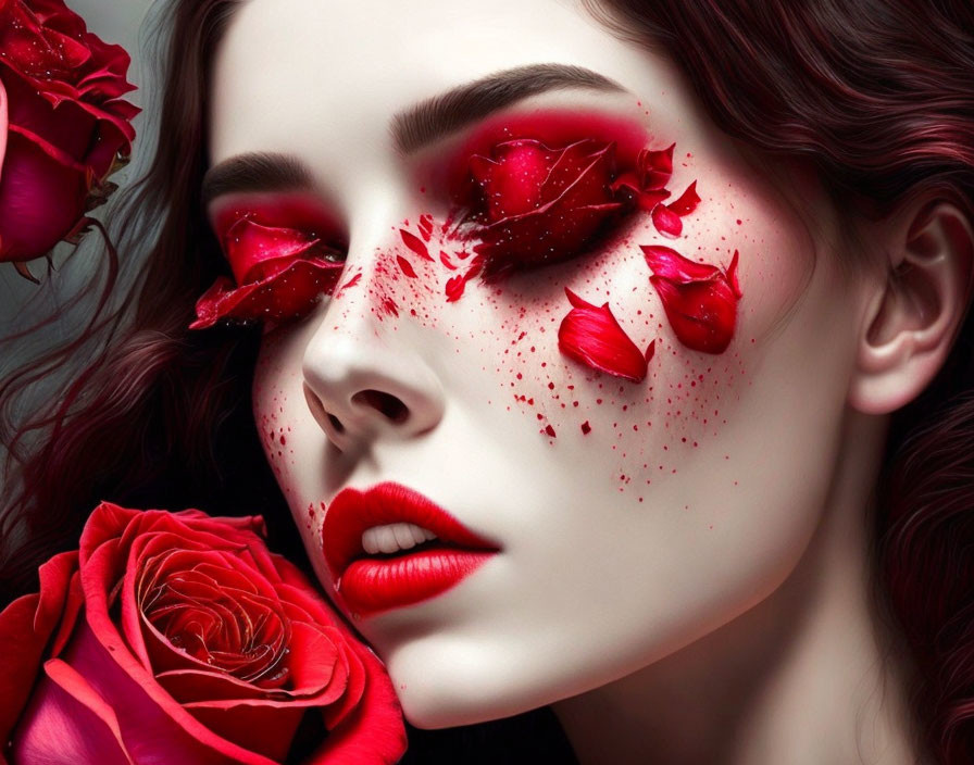 Woman with artistic makeup: Red rose petals, vibrant lipstick & rose - dramatic & romantic aesthetic