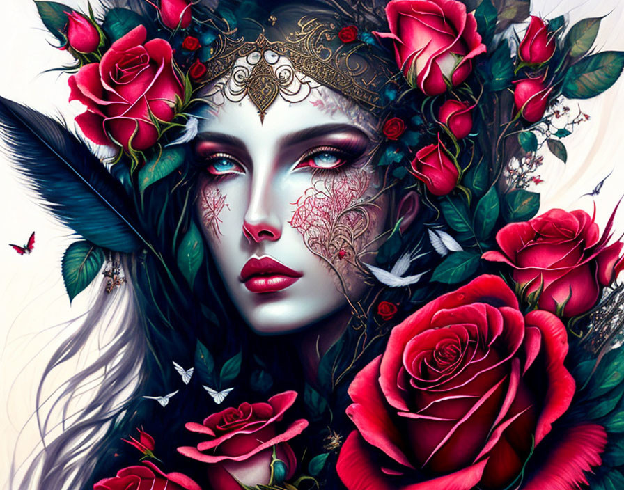 Fantasy illustration: Pale-skinned woman with gold headpiece, red roses, butterflies, ethereal