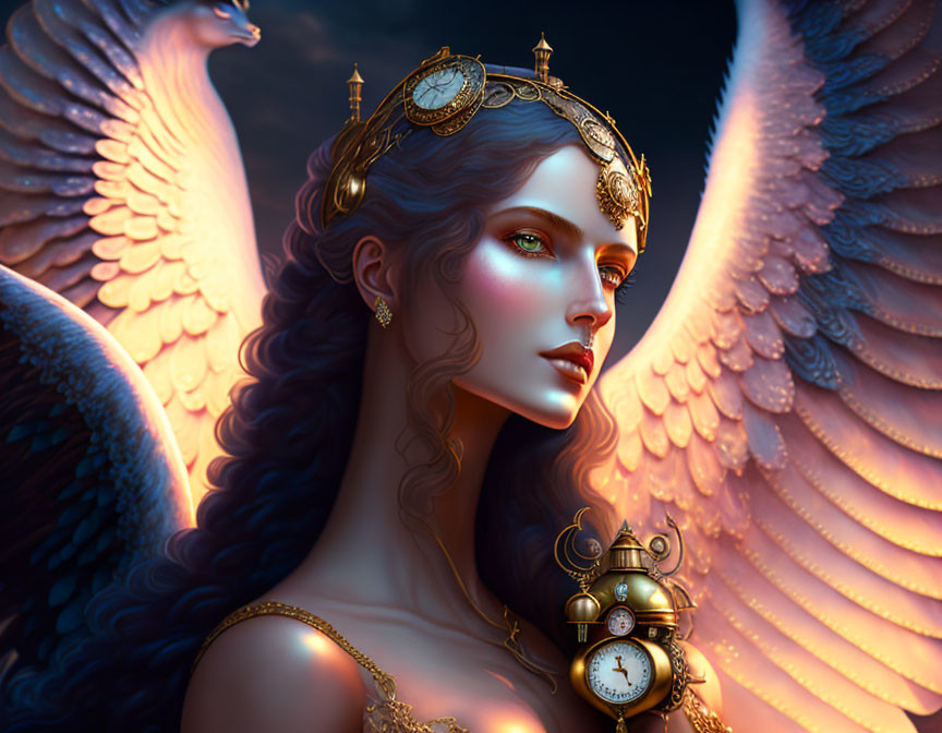 Female figure with white wings, golden crown, and steampunk clock on dark background