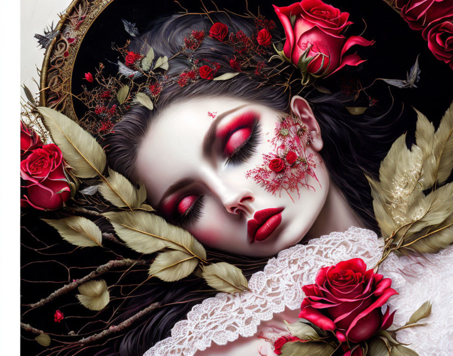Woman with Vibrant Red Eye Makeup, Roses, Gold Leaves, and Lace in Romantic Gothic Style