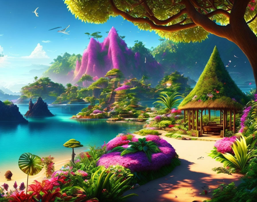 Colorful Fantasy Landscape with Pink Mountains, Crystal Lake, and Gazebo