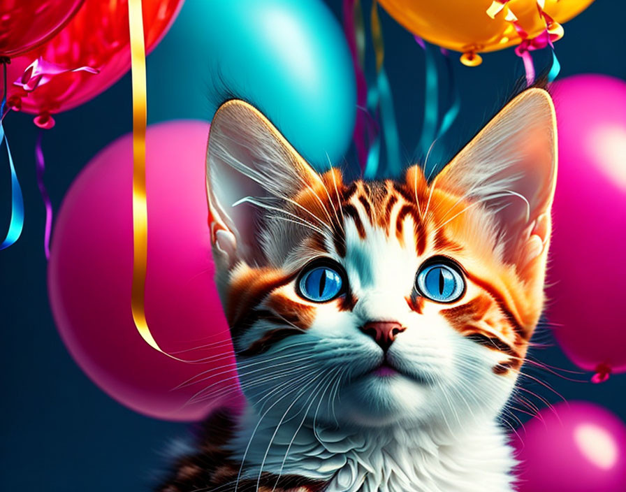 Colorful Cat with Blue Eyes Surrounded by Multicolored Balloons