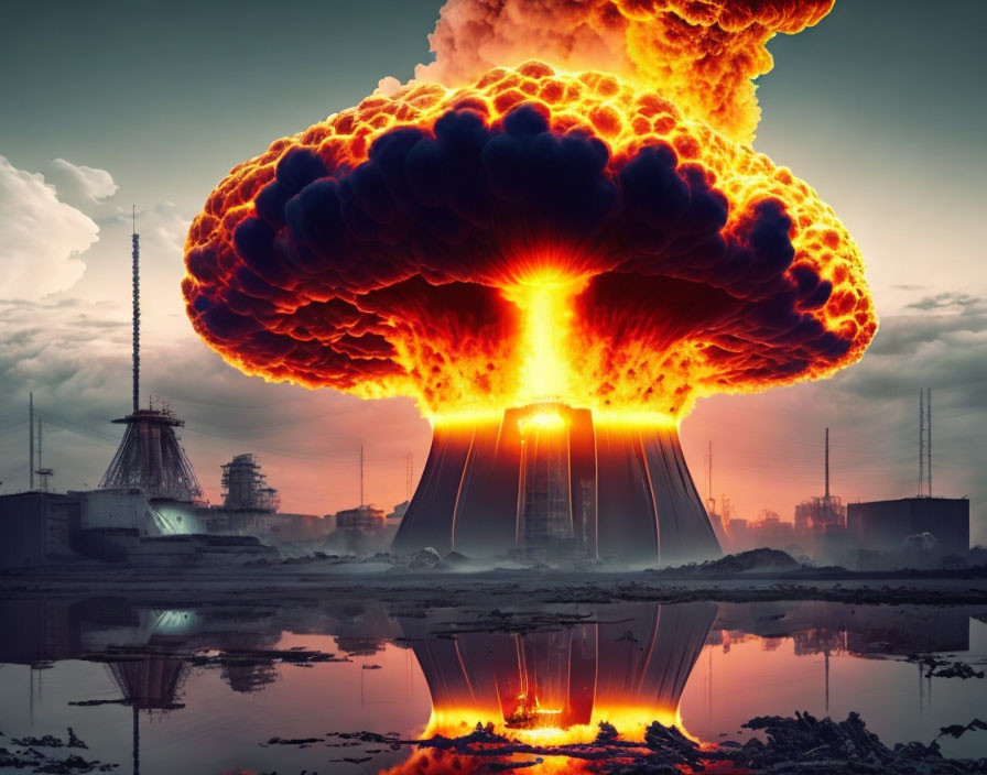Dramatic nuclear explosion aftermath with mushroom cloud in industrial setting