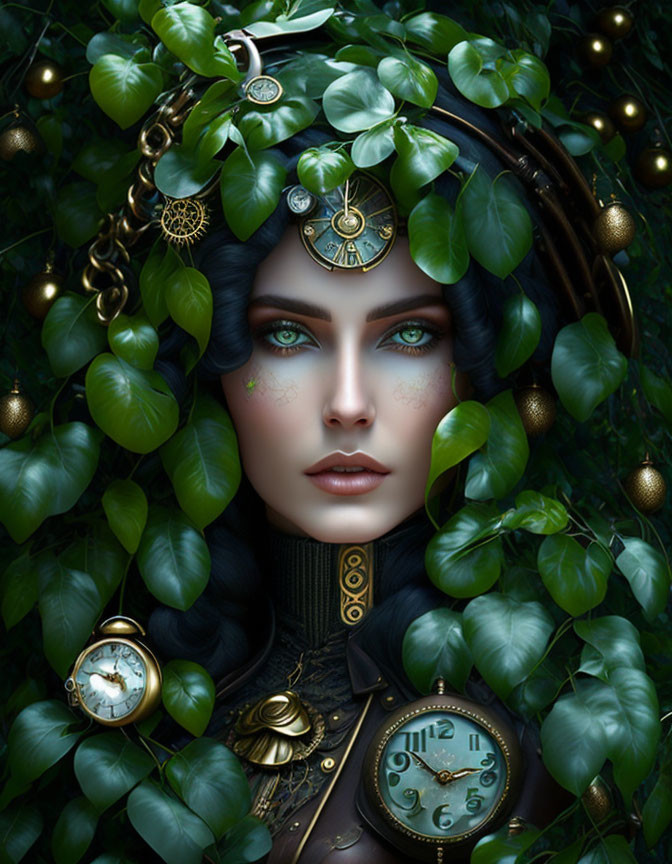 Woman with Blue Eyes and Nature-Inspired Elements
