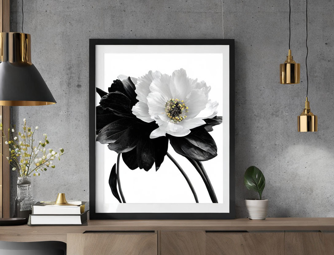 black and white peonies art with gold splashes