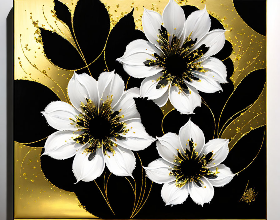 Abstract black background with elegant white flowers and golden accents