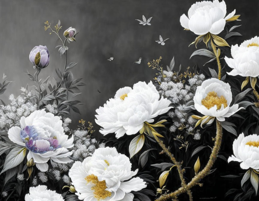 oil painting, black and white large peonies 