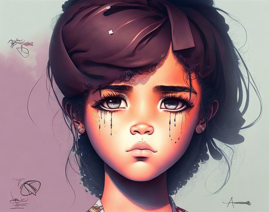 Illustration of girl with large teary eyes and jewel-like tears, curly hair, and a saddened
