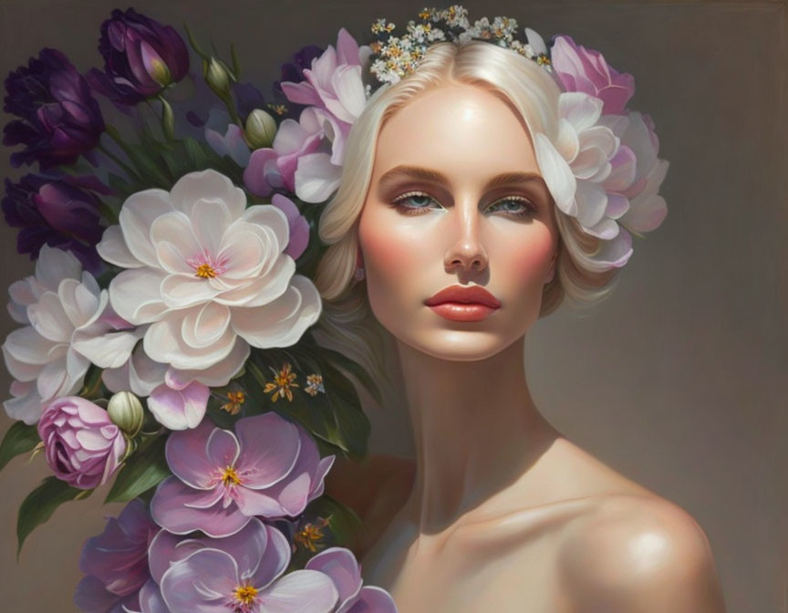 elegant pale blonde with large flowers, acrylic
