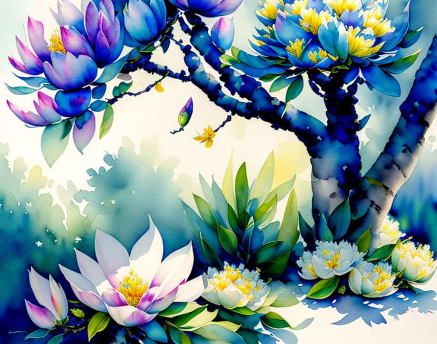 Artistic Magnolia flower tree with blue and yellow