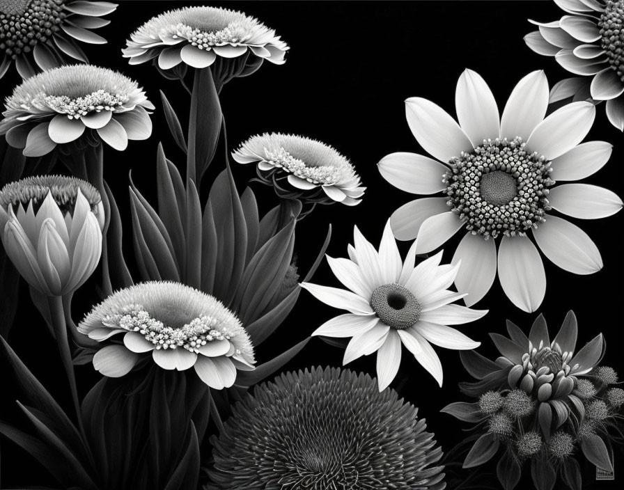 black and white flowers, art, fantasy