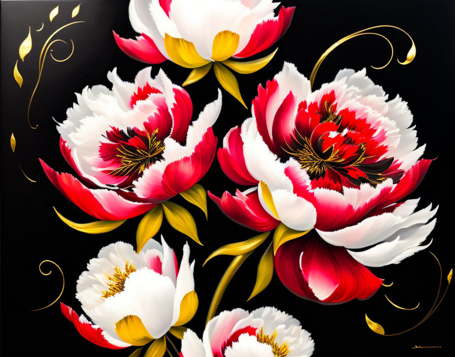 black and white peonies with gold and red splashes
