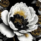 Detailed Graphic: White and Black Peony on Black Background with Gold Ornaments
