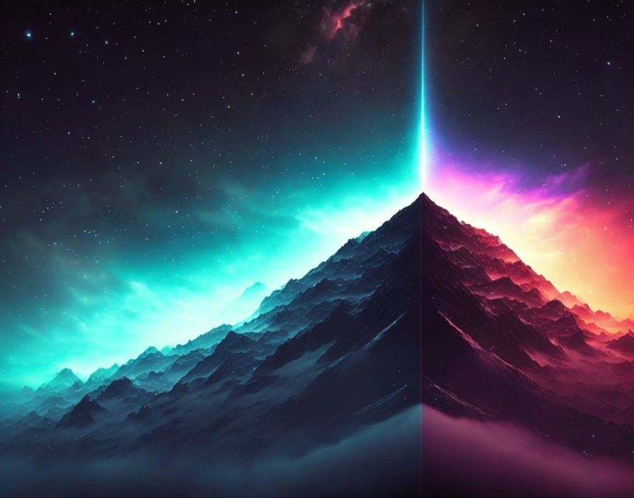 Mountain Range Digital Illustration: Starlit Sky, Blue and Pink Division