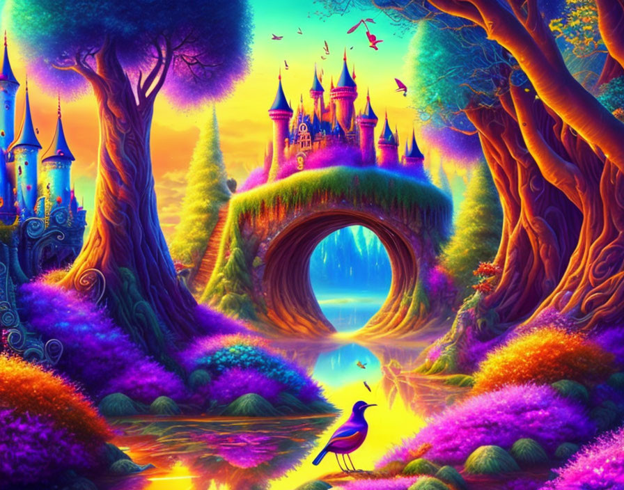 Colorful fantasy landscape with trees, pathway, castle, tunnel, birds, and butterflies