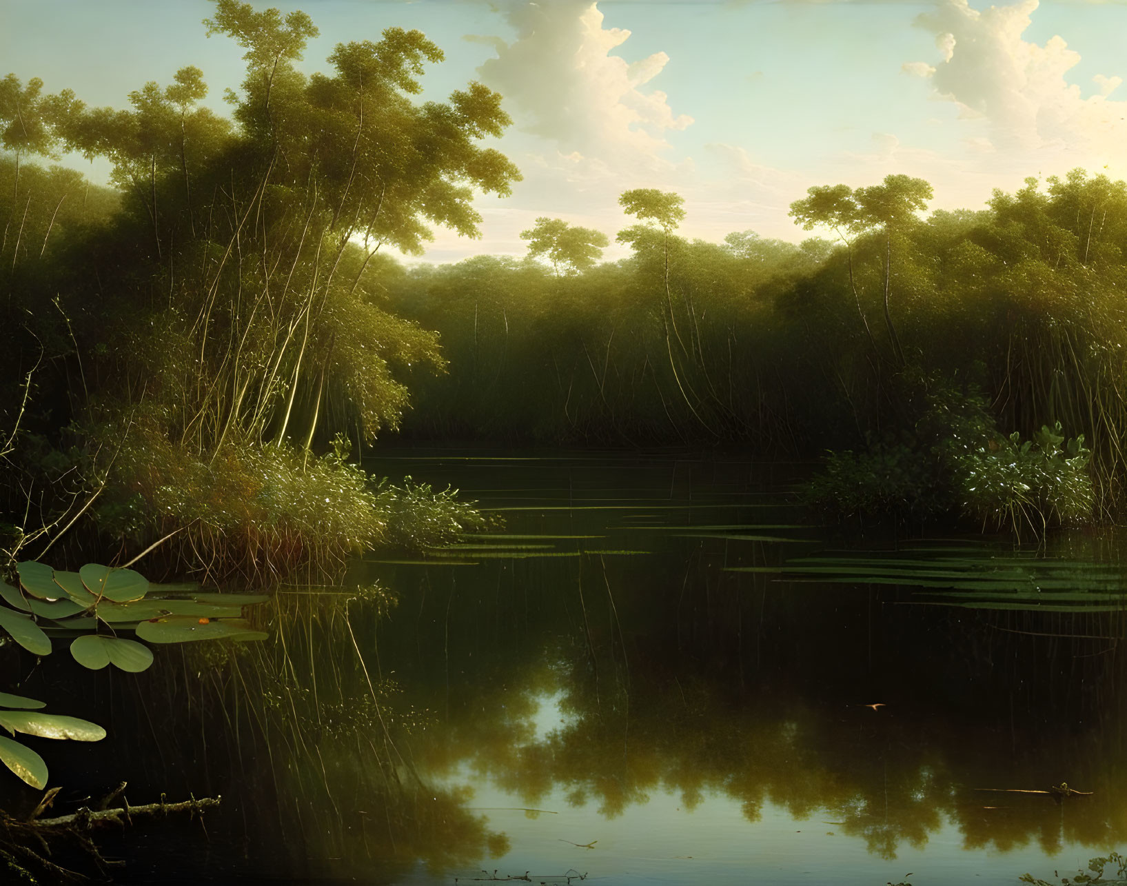 Tranquil lakeside scene with lush vegetation and bamboo mirrored in calm water at sunset
