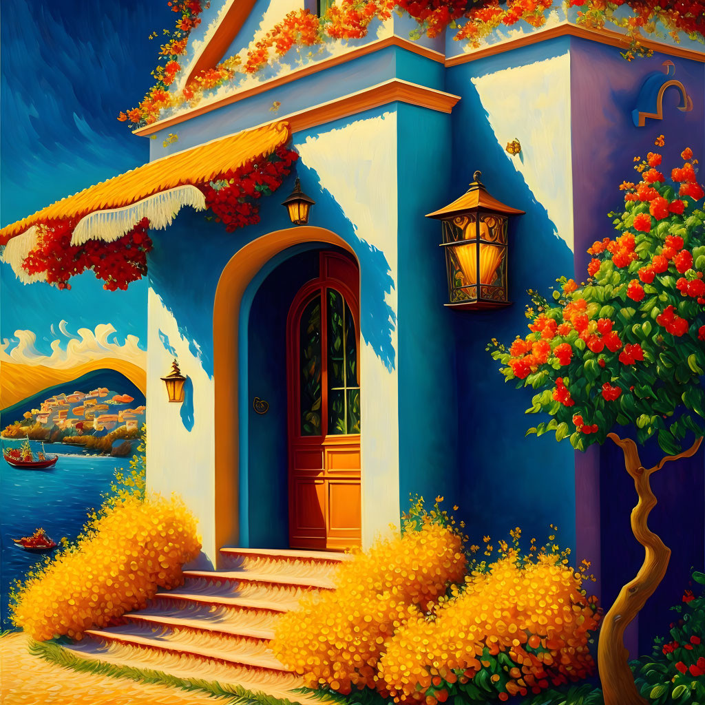 Colorful Mediterranean-style house painting with wooden door, lush flowers, and seascape.