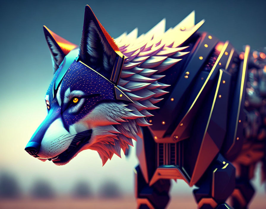 Stylized mechanical wolf art with vibrant blue and orange hues