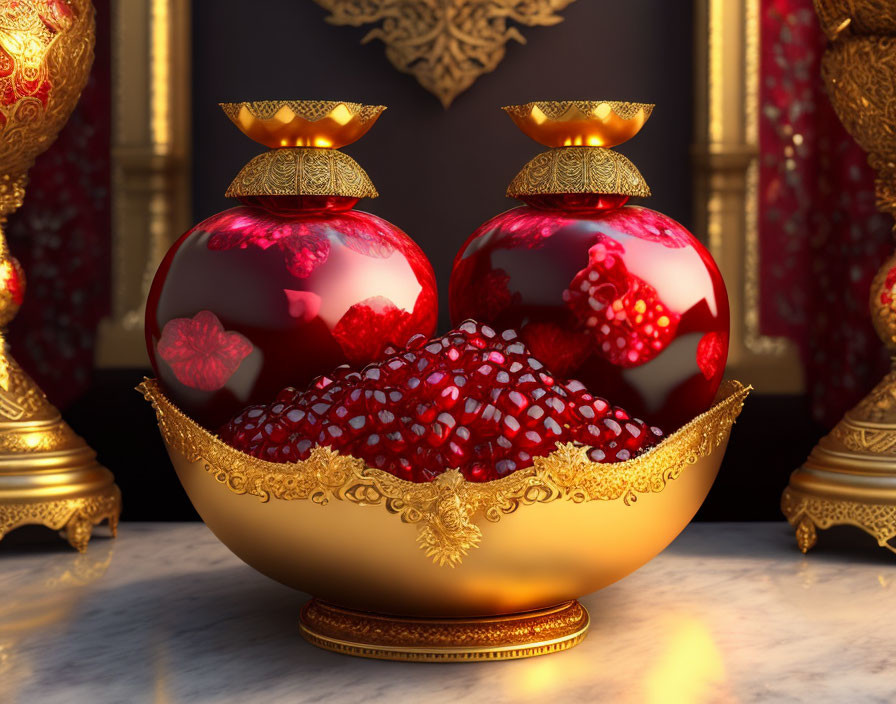 Ornate golden bowls with red pomegranates on luxurious background