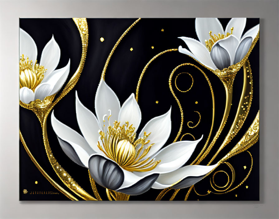 black and white flowers, art, fantasy with gold an