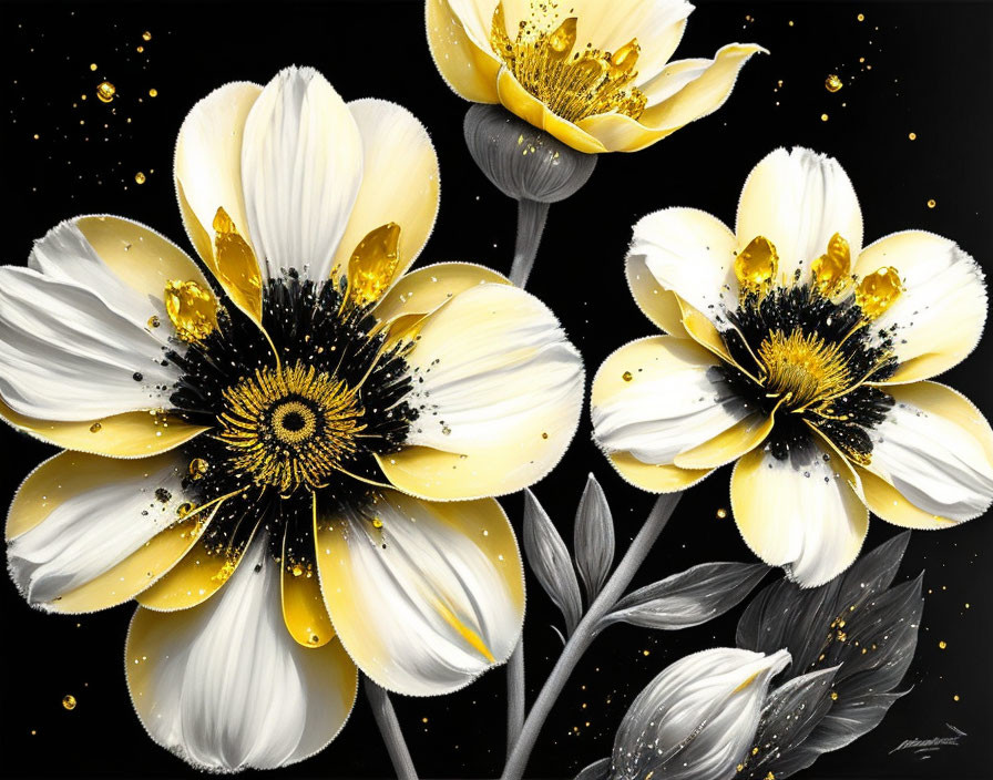 black and white flowers with golden splashes, art