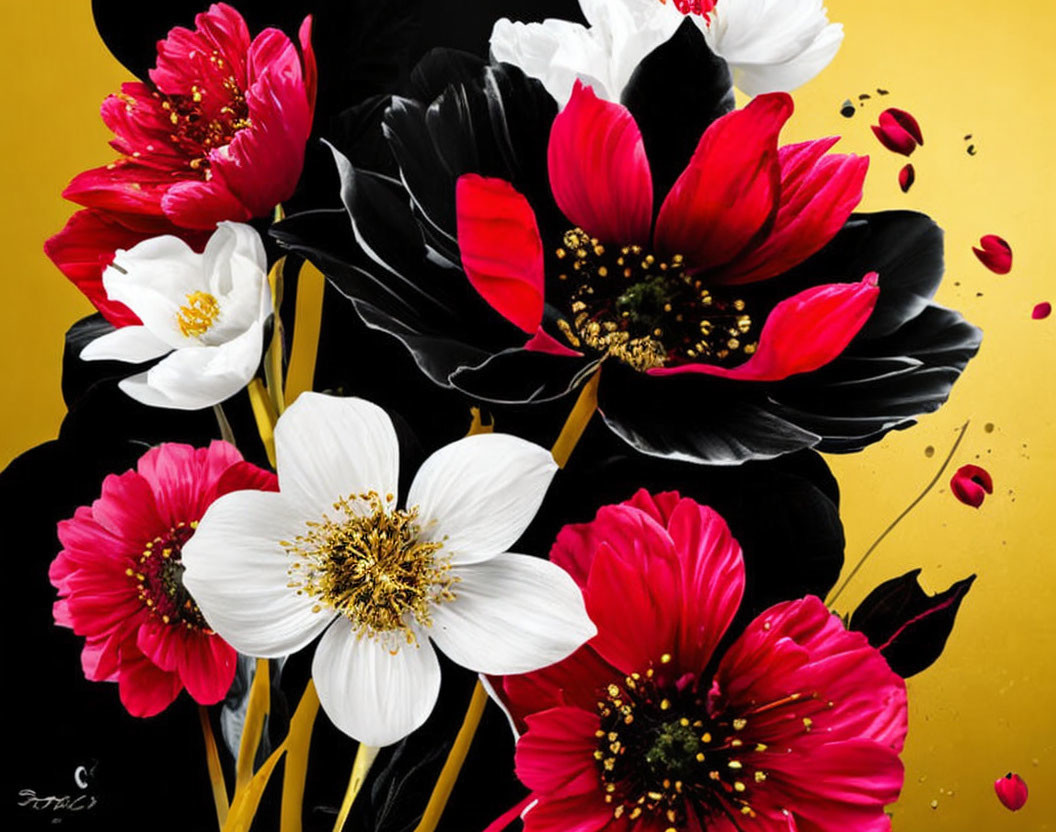 black and white peonies art with gold 