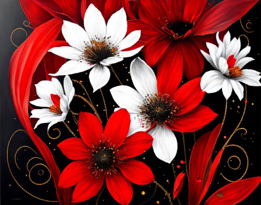 Colorful digital artwork: Red and white flowers with golden accents on dark background
