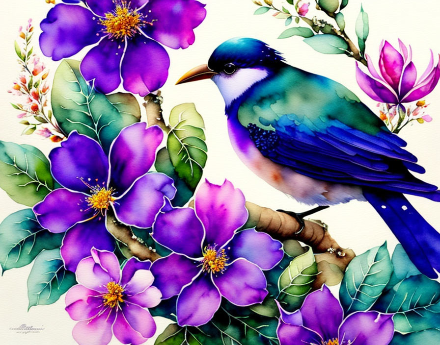 elegant fantasy flowers, birds, watercolor