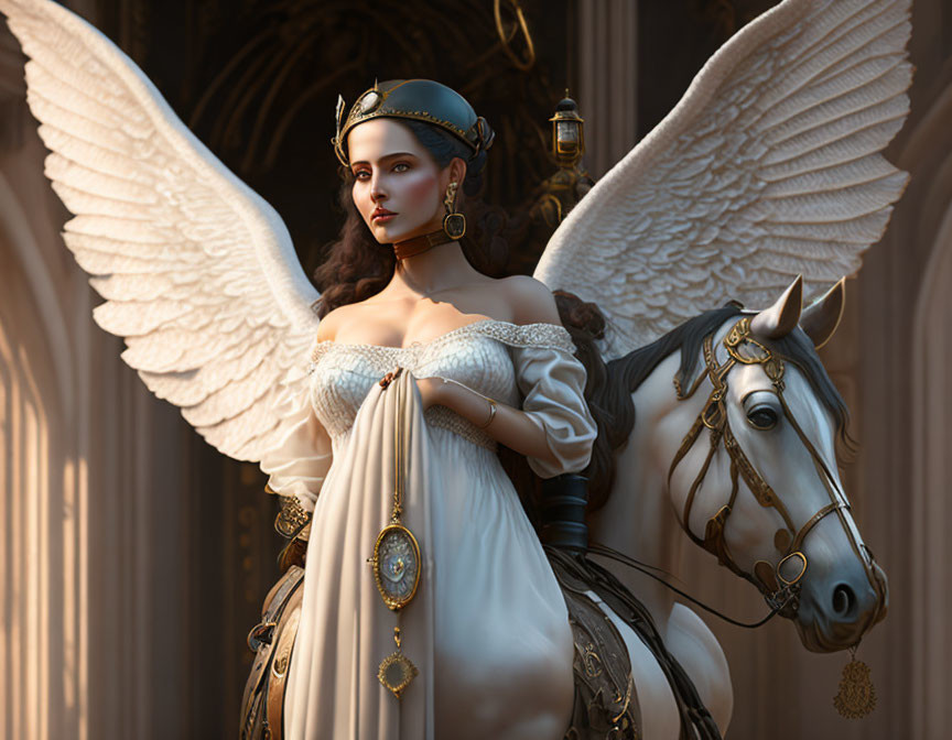 Regal angel on horseback with white wings and ornate backdrop