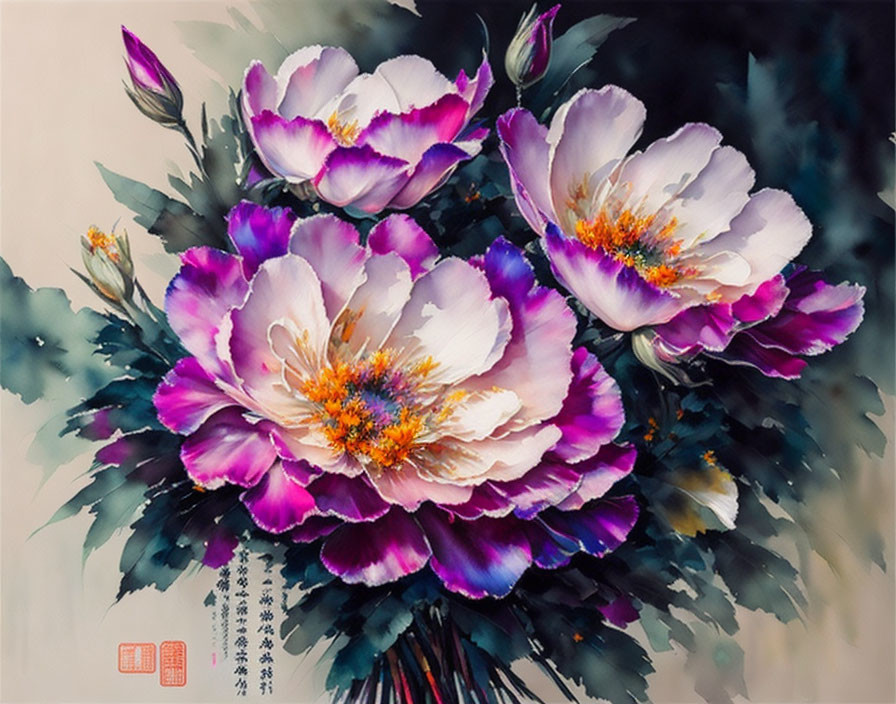 Purple and White Peonies Painting with Asian Calligraphy and Red Seal Stamp