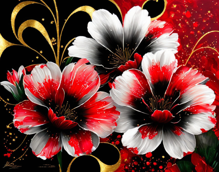 Colorful floral artwork with red and white flowers on dark background