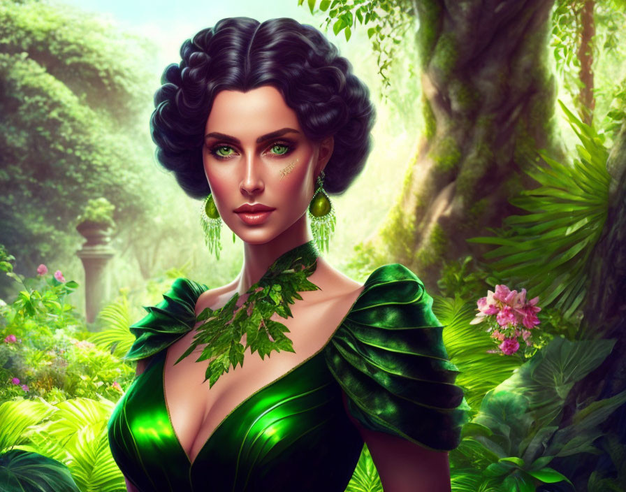 a woman with green eyes in a green dress in the Ga
