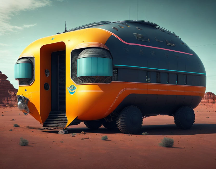 Futuristic Orange and Black RV on Desert Terrain
