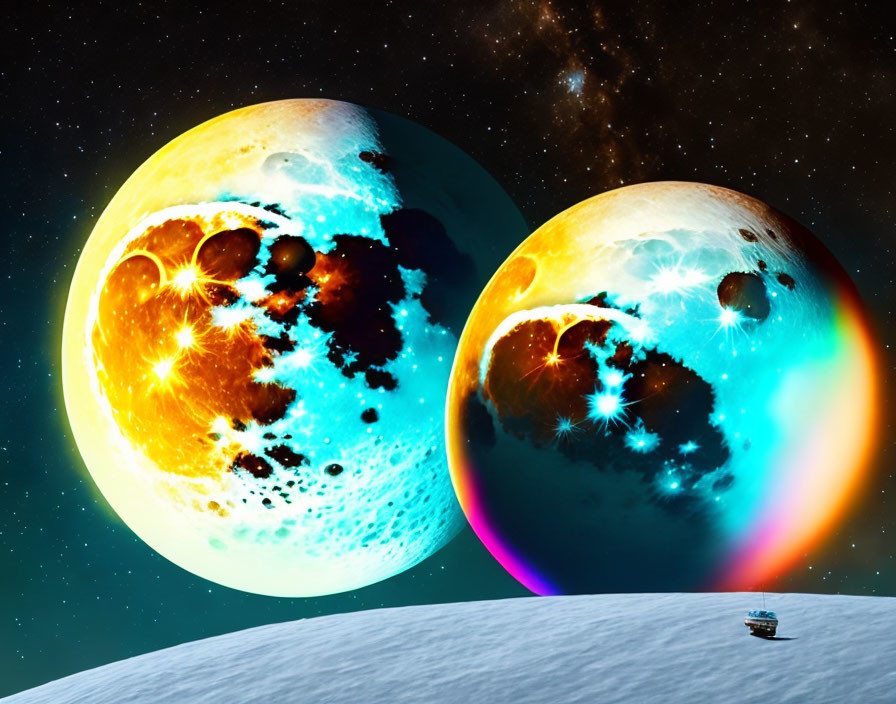 Vibrant space scene with large textured planets and lone spaceship