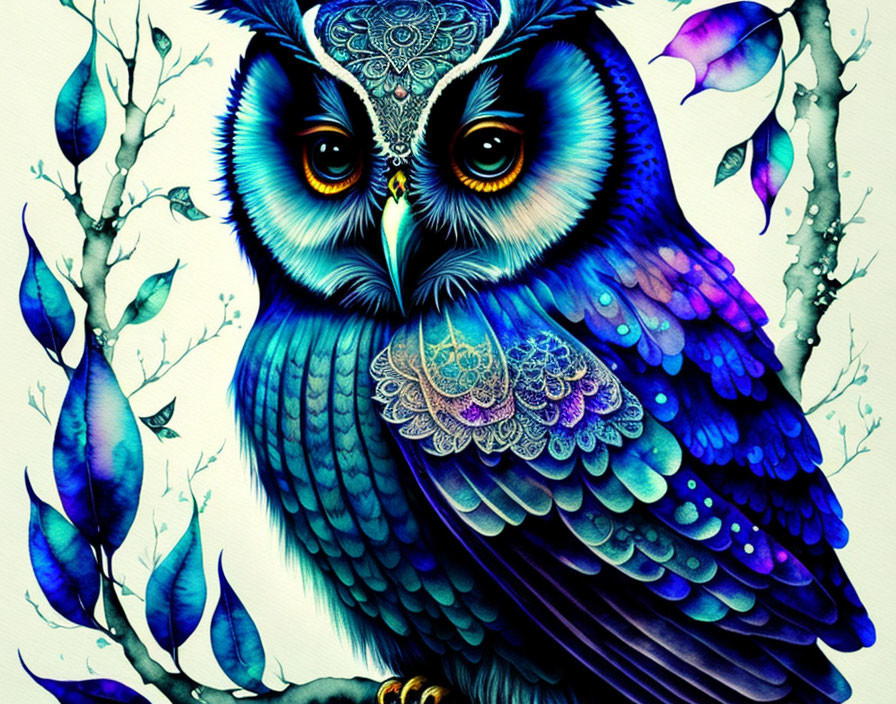 Colorful Owl Illustration in Blue and Purple with Detailed Feather Patterns