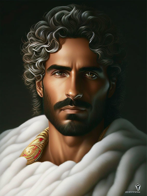 Detailed Illustration: Man with Curly Gray Hair, Beard, Intense Brown Eyes in White T