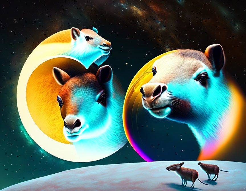 Stylized capybaras with colorful lighting in cosmic setting and planet surface silhouettes